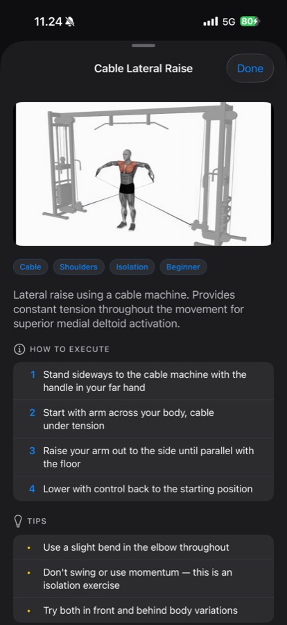 Exercise detail screen showing a Cable Lateral Raise illustration, step-by-step execution, and form tips