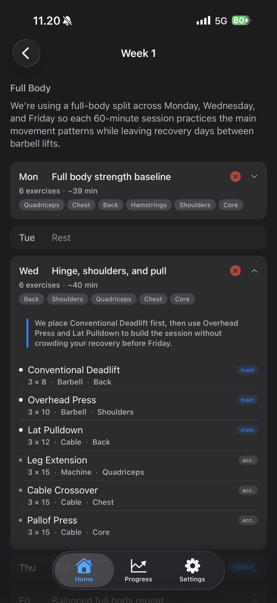 AI-generated weekly program view showing a full-body split with coaching notes and per-day exercise lists